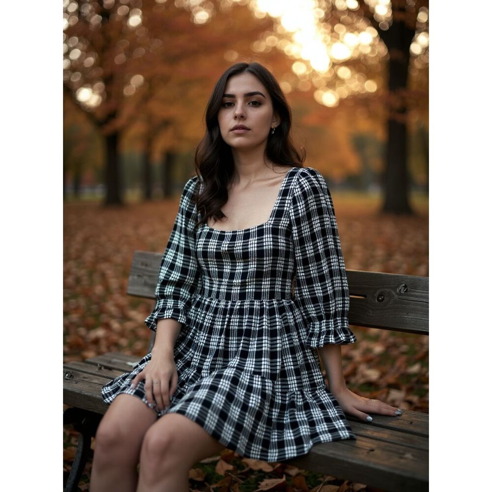 Lulus Black & White Plaid Babydoll Dress Medium
